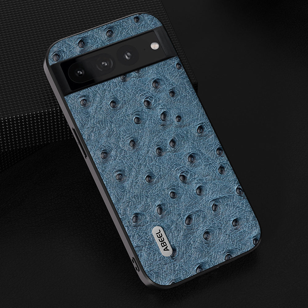 Uniqkart Phone Case for Google Pixel 8 Pro Shockproof Case Ostrich Texture Genuine Cow Leather+PC+TPU Cover - Blue