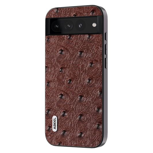 Uniqkart Phone Case for Google Pixel 8 Pro Shockproof Case Ostrich Texture Genuine Cow Leather+PC+TPU Cover - Coffee