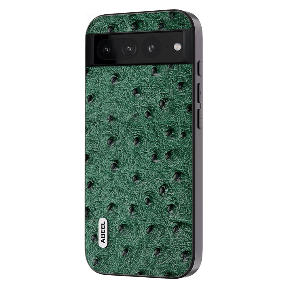 Uniqkart Phone Case for Google Pixel 8 Pro Shockproof Case Ostrich Texture Genuine Cow Leather+PC+TPU Cover - Green