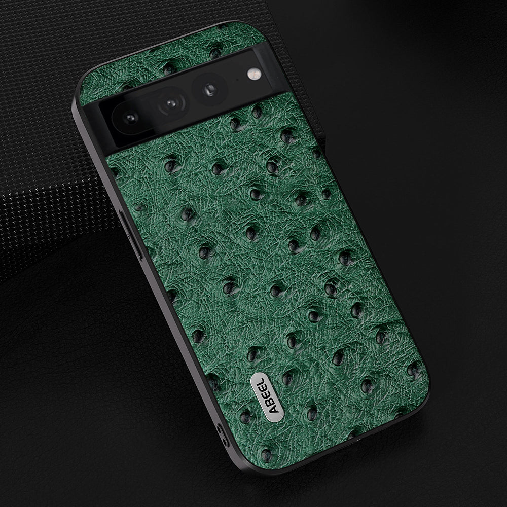 Uniqkart Phone Case for Google Pixel 8 Pro Shockproof Case Ostrich Texture Genuine Cow Leather+PC+TPU Cover - Green