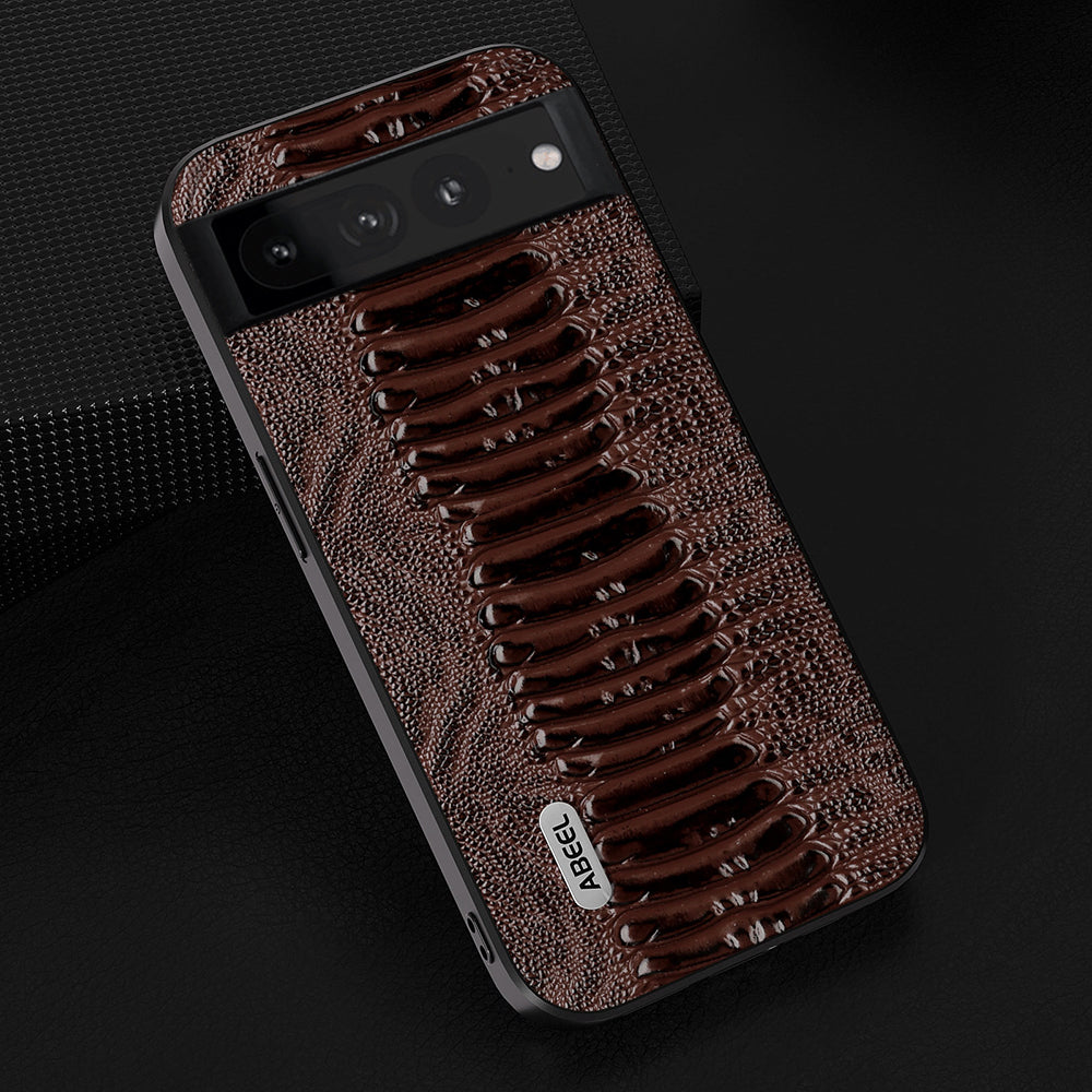Uniqkart For Google Pixel 8 Pro Anti-Drop Phone Case Crocodile Texture Genuine Cow Leather+PC+TPU Phone Cover - Coffee