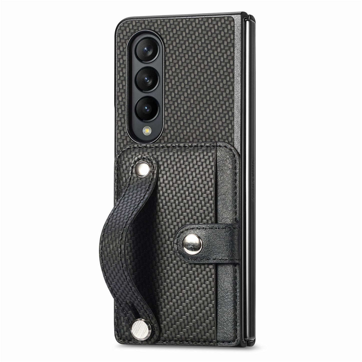 Card Slot Phone Cover for Samsung Galaxy Z Fold5 5G , PU Leather+PC Wristband Kickstand Cell Phone Case - Black
