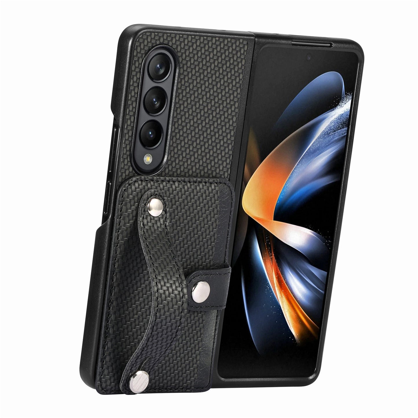 Card Slot Phone Cover for Samsung Galaxy Z Fold5 5G , PU Leather+PC Wristband Kickstand Cell Phone Case - Black