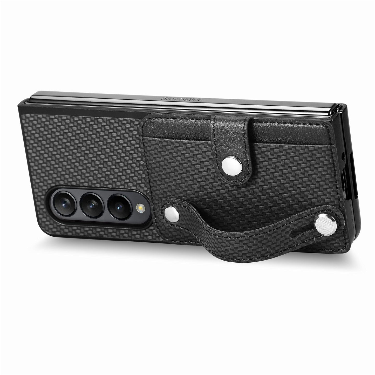 Card Slot Phone Cover for Samsung Galaxy Z Fold5 5G , PU Leather+PC Wristband Kickstand Cell Phone Case - Black