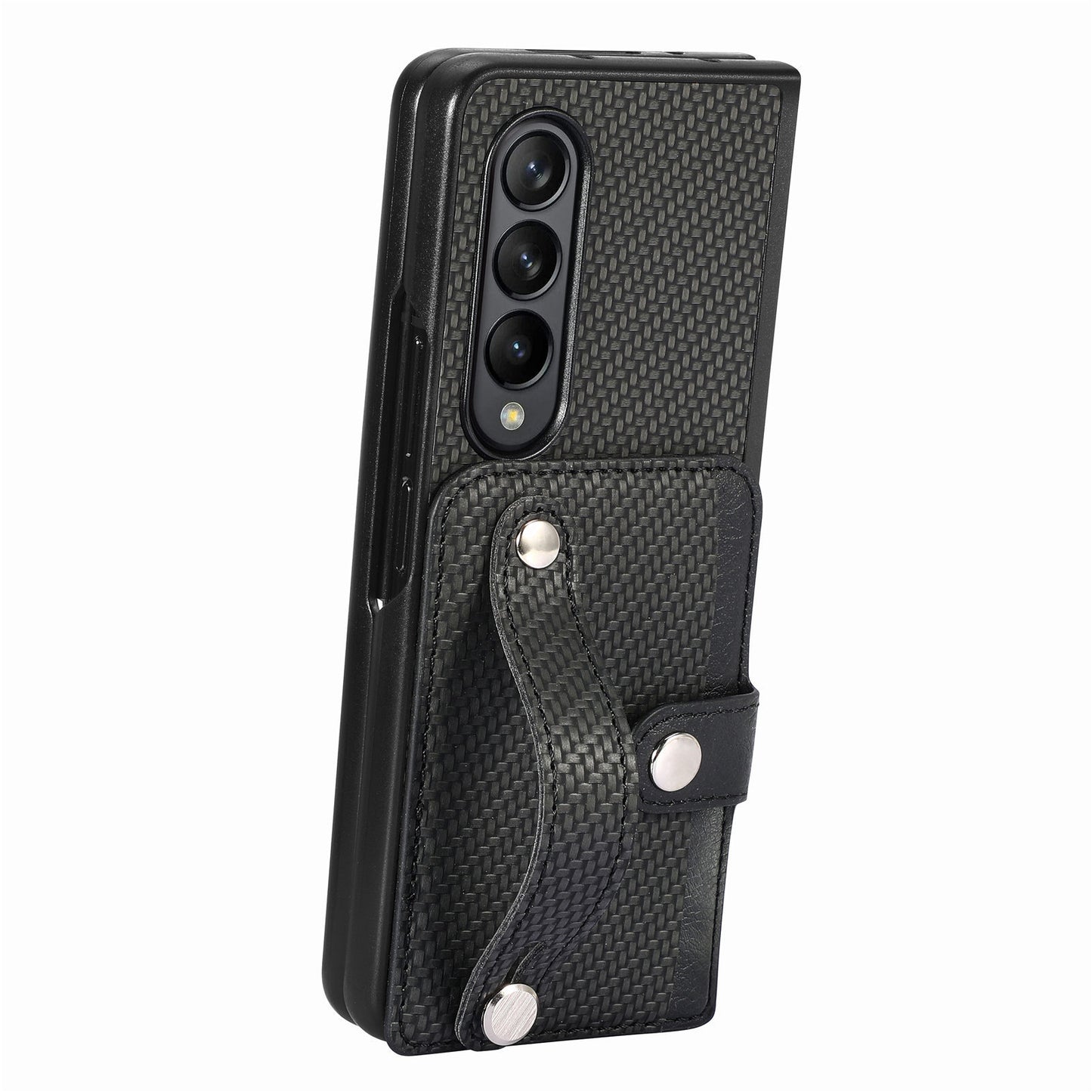 Card Slot Phone Cover for Samsung Galaxy Z Fold5 5G , PU Leather+PC Wristband Kickstand Cell Phone Case - Black