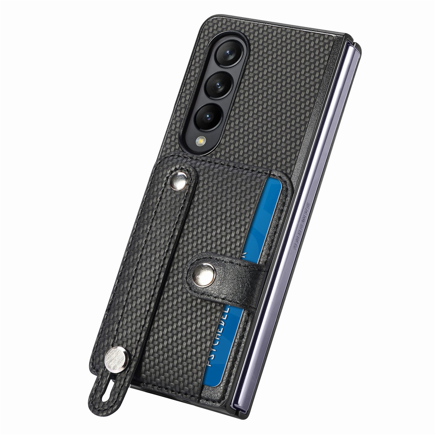 Card Slot Phone Cover for Samsung Galaxy Z Fold5 5G , PU Leather+PC Wristband Kickstand Cell Phone Case - Black
