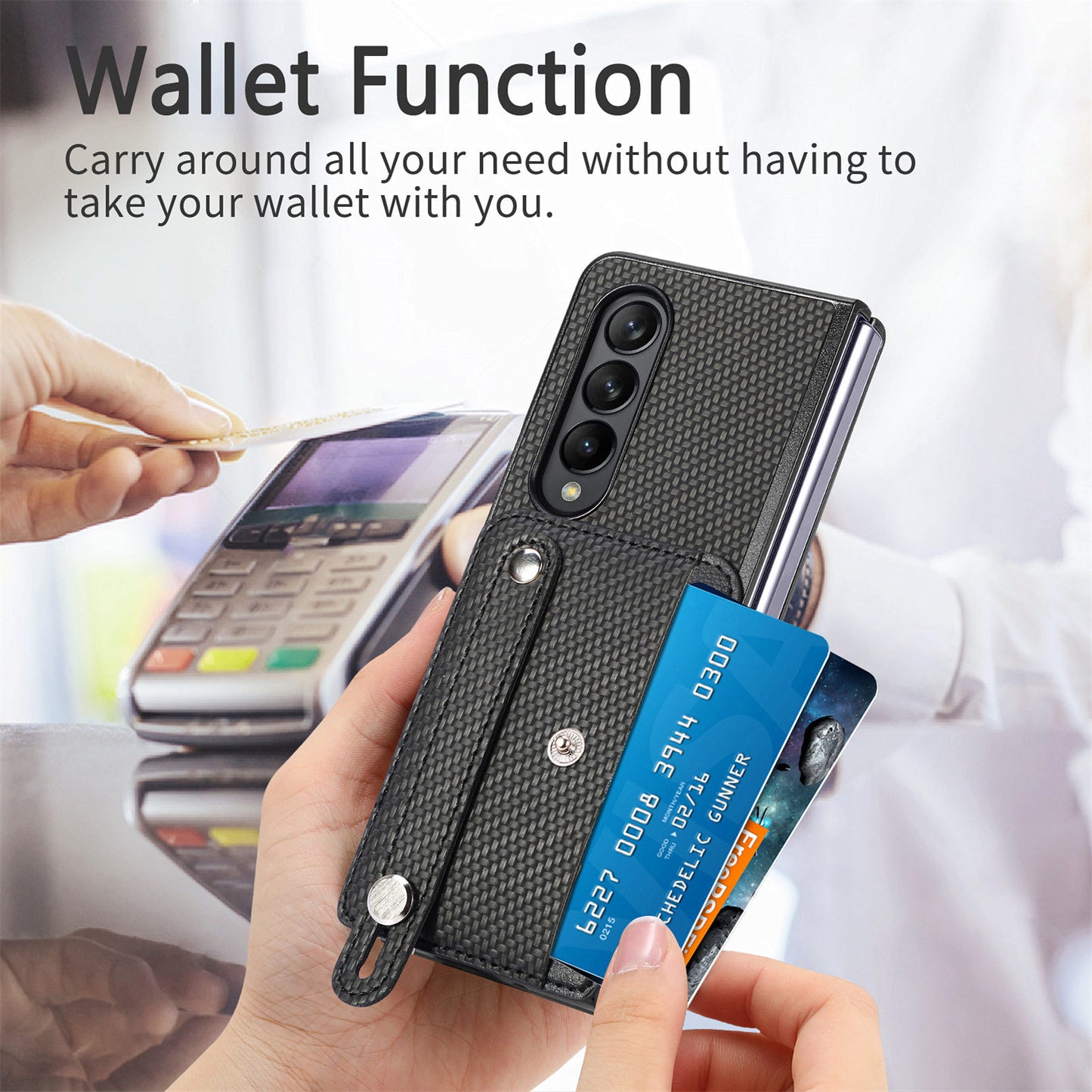 Card Slot Phone Cover for Samsung Galaxy Z Fold5 5G , PU Leather+PC Wristband Kickstand Cell Phone Case - Black