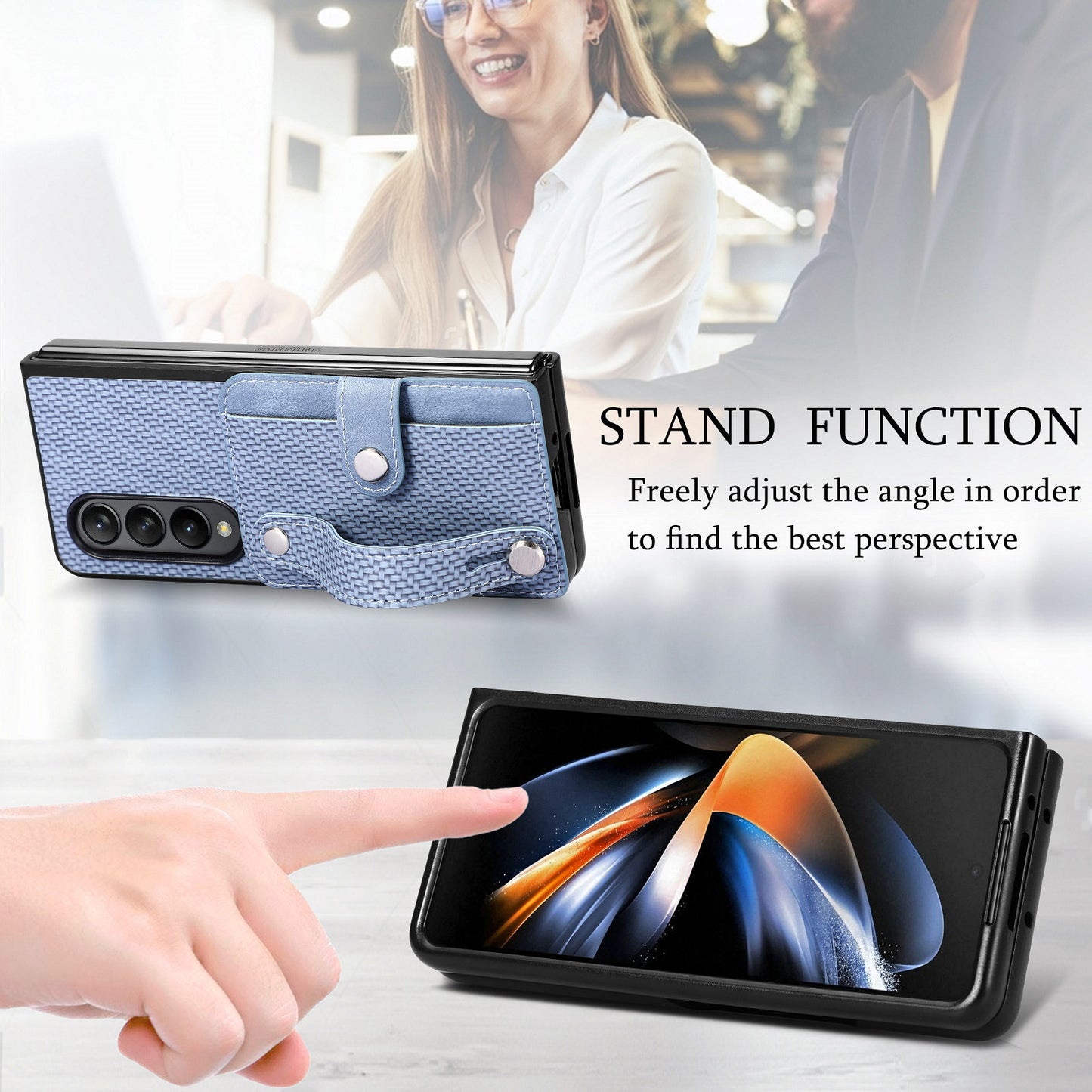 Card Slot Phone Cover for Samsung Galaxy Z Fold5 5G , PU Leather+PC Wristband Kickstand Cell Phone Case - Black
