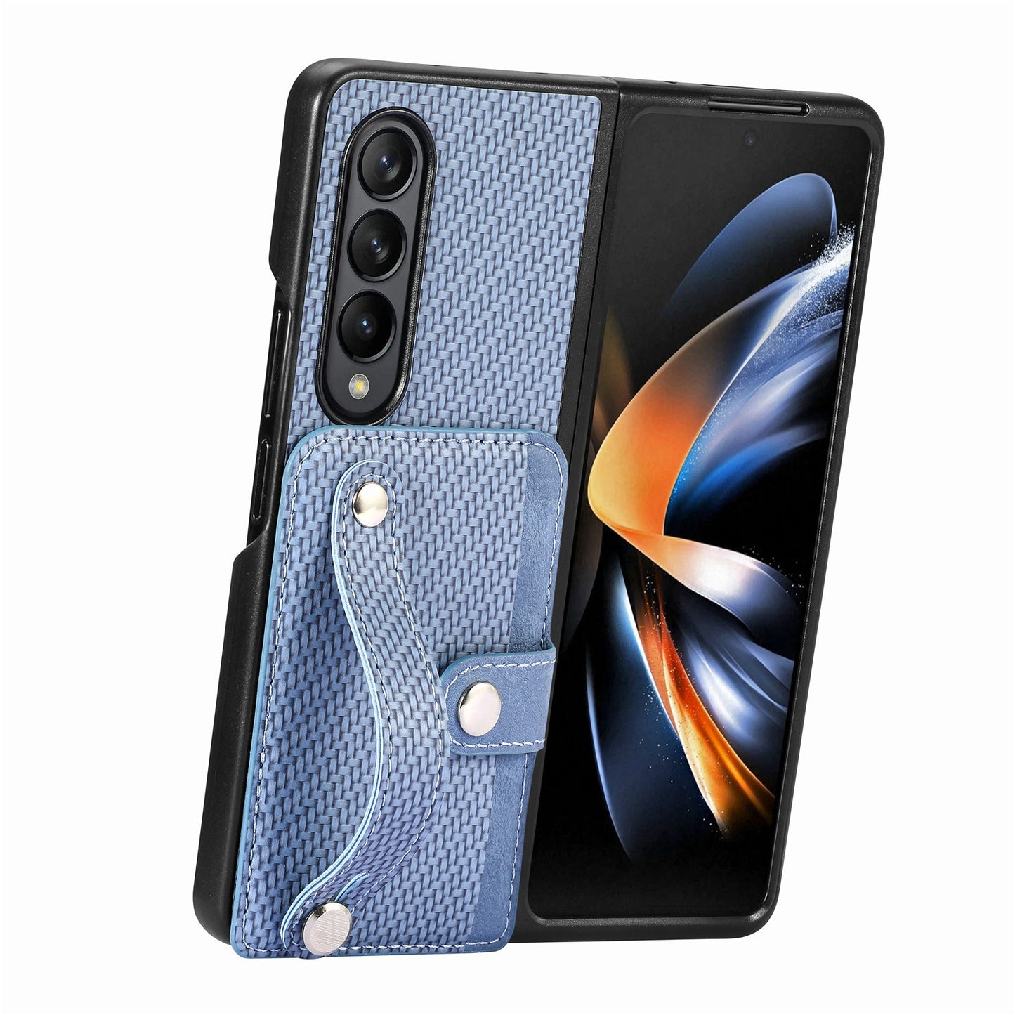 Card Slot Phone Cover for Samsung Galaxy Z Fold5 5G , PU Leather+PC Wristband Kickstand Cell Phone Case - Blue