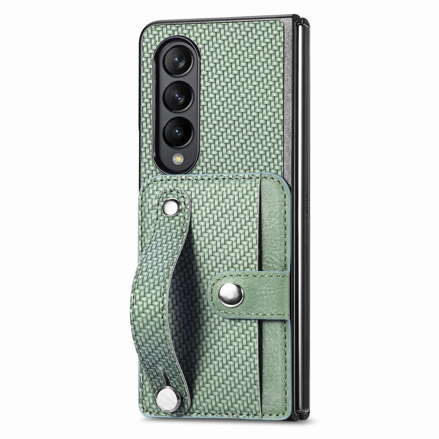 Card Slot Phone Cover for Samsung Galaxy Z Fold5 5G , PU Leather+PC Wristband Kickstand Cell Phone Case - Green