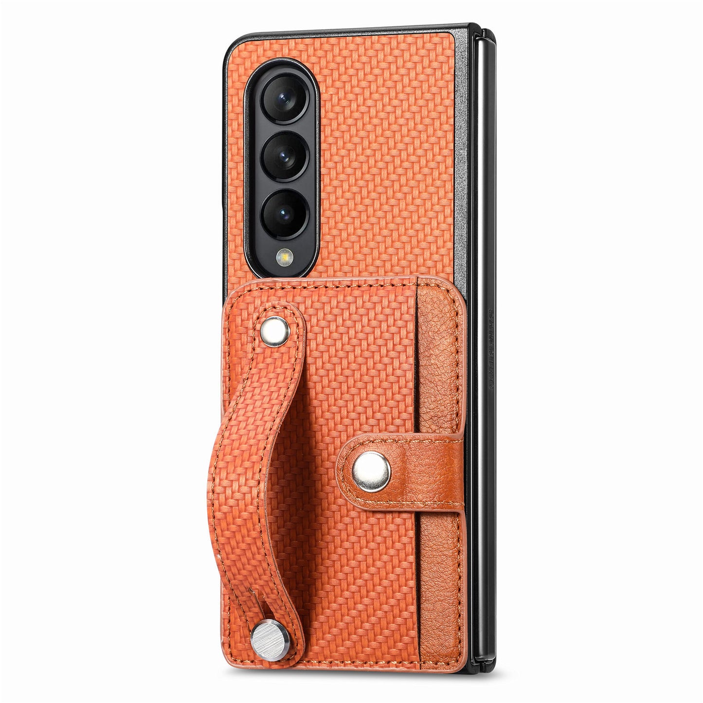 Card Slot Phone Cover for Samsung Galaxy Z Fold5 5G , PU Leather+PC Wristband Kickstand Cell Phone Case - Brown