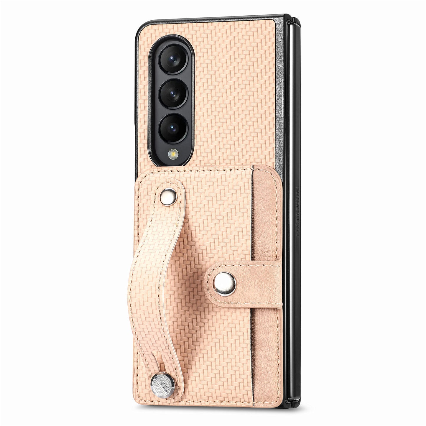 Card Slot Phone Cover for Samsung Galaxy Z Fold5 5G , PU Leather+PC Wristband Kickstand Cell Phone Case - Khaki