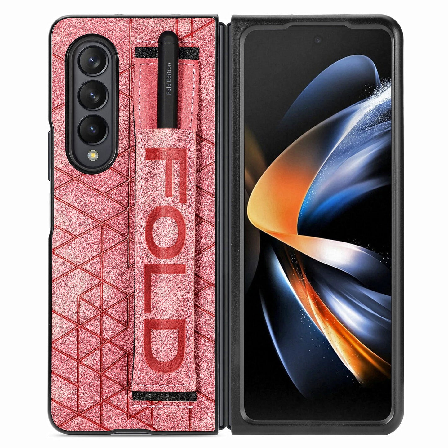 Telescopic Wristband Phone Cover for Samsung Galaxy Z Fold5 5G , PU Leather+PC Phone Case with Pen Slot - Pink