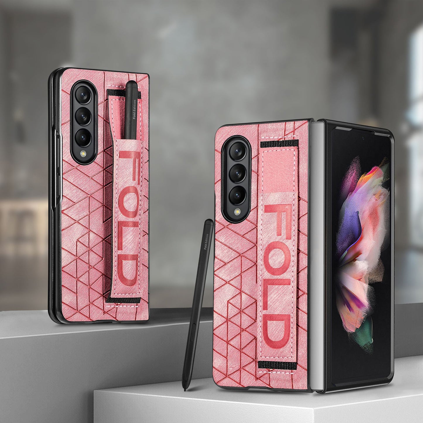 Telescopic Wristband Phone Cover for Samsung Galaxy Z Fold5 5G , PU Leather+PC Phone Case with Pen Slot - Pink