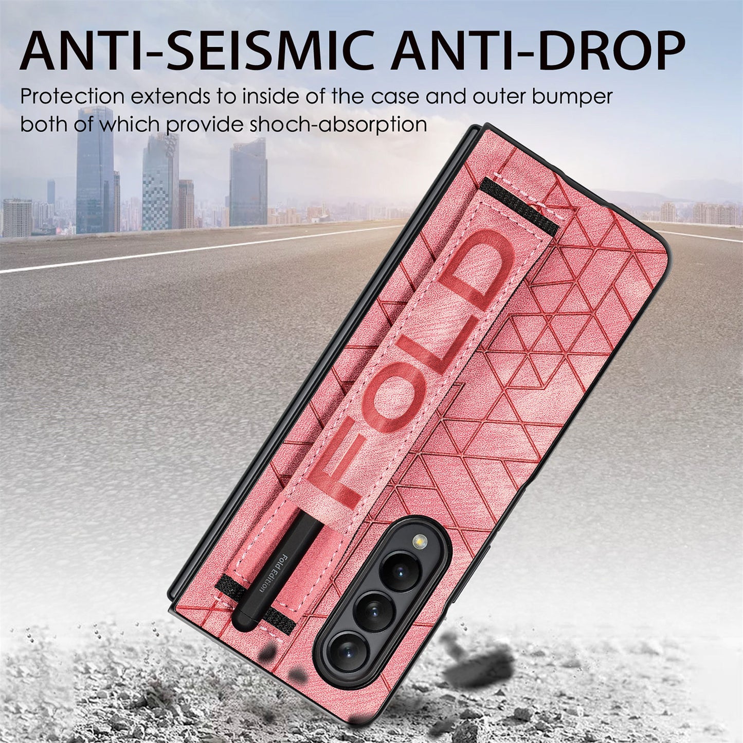 Telescopic Wristband Phone Cover for Samsung Galaxy Z Fold5 5G , PU Leather+PC Phone Case with Pen Slot - Pink