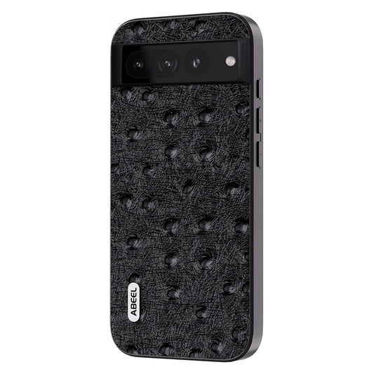 Uniqkart for Google Pixel 8 Ostrich Texture Phone Case Genuine Cow Leather+PC+TPU Back Cover - Black