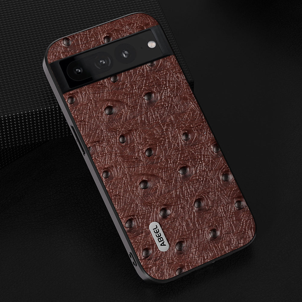 Uniqkart For Google Pixel 8 Ostrich Texture Phone Case Genuine Cow Leather+PC+TPU Back Cover - Coffee