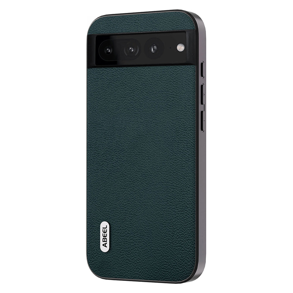 Uniqkart for Google Pixel 8 Genuine Cow Leather+PC+TPU Back Cover Litchi Texture Mobile Case - Midnight Green