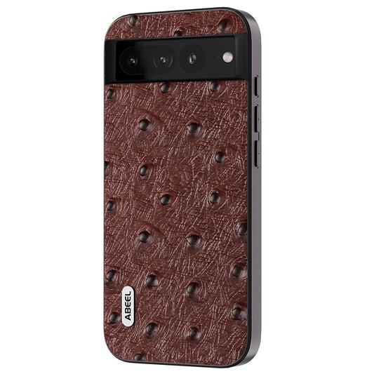 Uniqkart Ostrich Texture Back Case for Google Pixel 7 Pro 5G Genuine Cow Leather+PC+TPU Phone Cover - Coffee