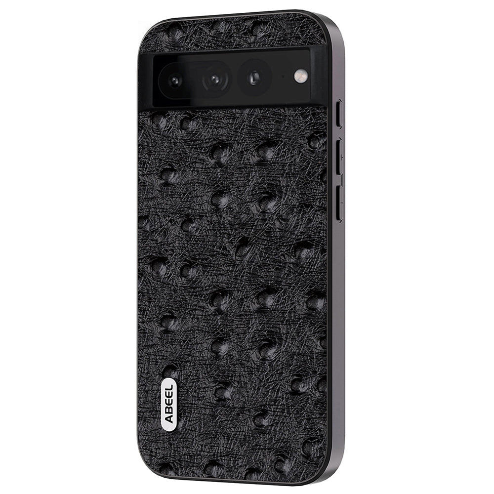 Uniqkart Ostrich Texture Back Case for Google Pixel 7 Pro 5G Genuine Cow Leather+PC+TPU Phone Cover - Black