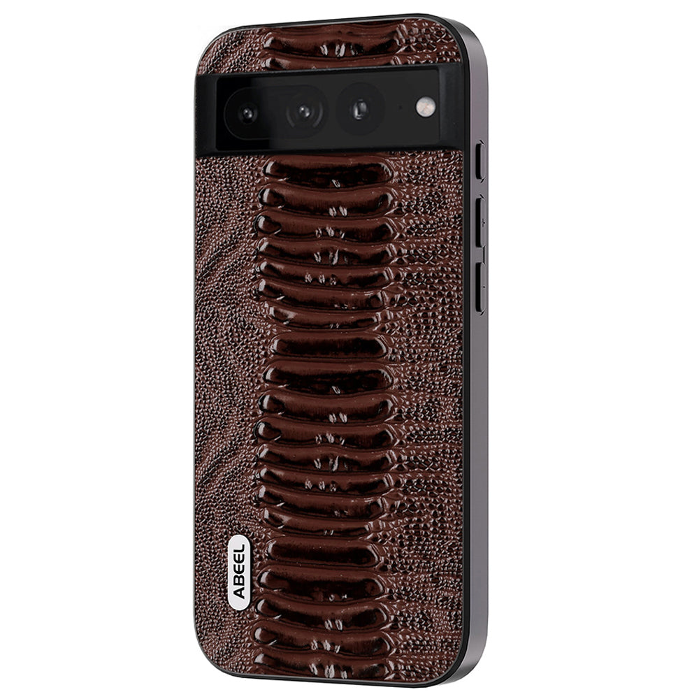 Uniqkart Crocodile Texture Shell for Google Pixel 7 Pro 5G PC+TPU Phone Case Genuine Cow Leather Coated Cover - Coffee