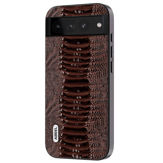 Uniqkart Crocodile Texture Shell for Google Pixel 7 Pro 5G PC+TPU Phone Case Genuine Cow Leather Coated Cover - Coffee