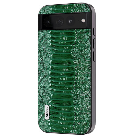 Uniqkart Crocodile Texture Shell for Google Pixel 7 Pro 5G PC+TPU Phone Case Genuine Cow Leather Coated Cover - Green