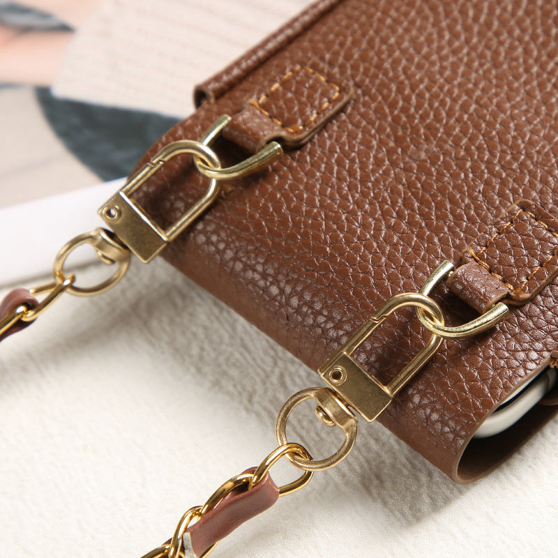 Uniqkart for Samsung Galaxy Z Flip3 5G / Z Flip4 5G / Z Flip5 5G Crossbody Phone Bag Leather Phone Cover with Chain Shoulder Strap - Brown