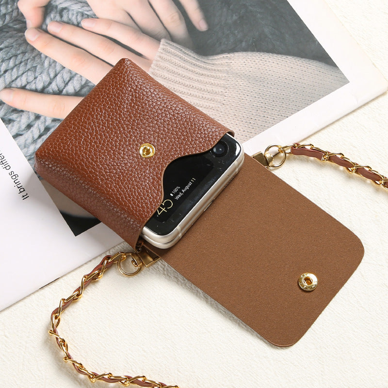 Uniqkart for Samsung Galaxy Z Flip3 5G / Z Flip4 5G / Z Flip5 5G Crossbody Phone Bag Leather Phone Cover with Chain Shoulder Strap - White