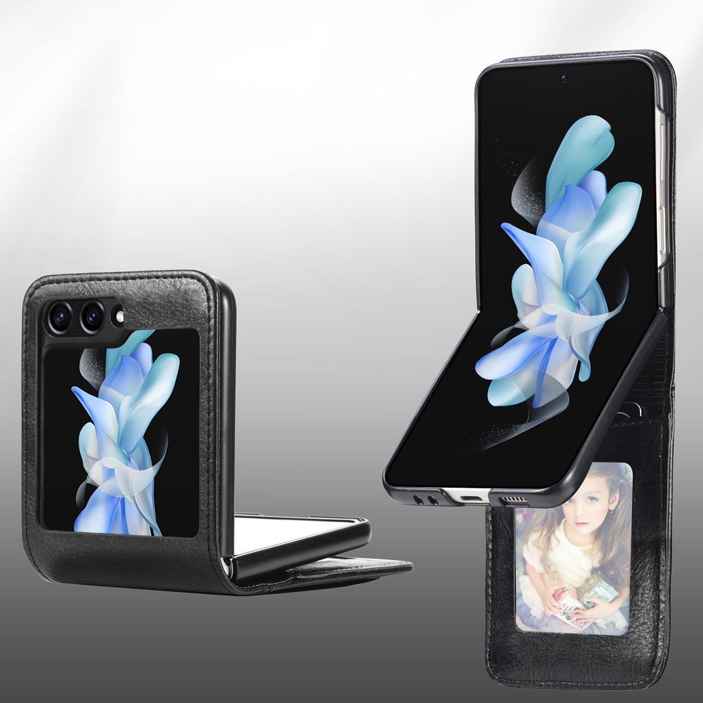 Uniqkart for Samsung Galaxy Z Flip5 5G Wallet Design Phone Case PU Leather+PC Cell Phone Cover - Black