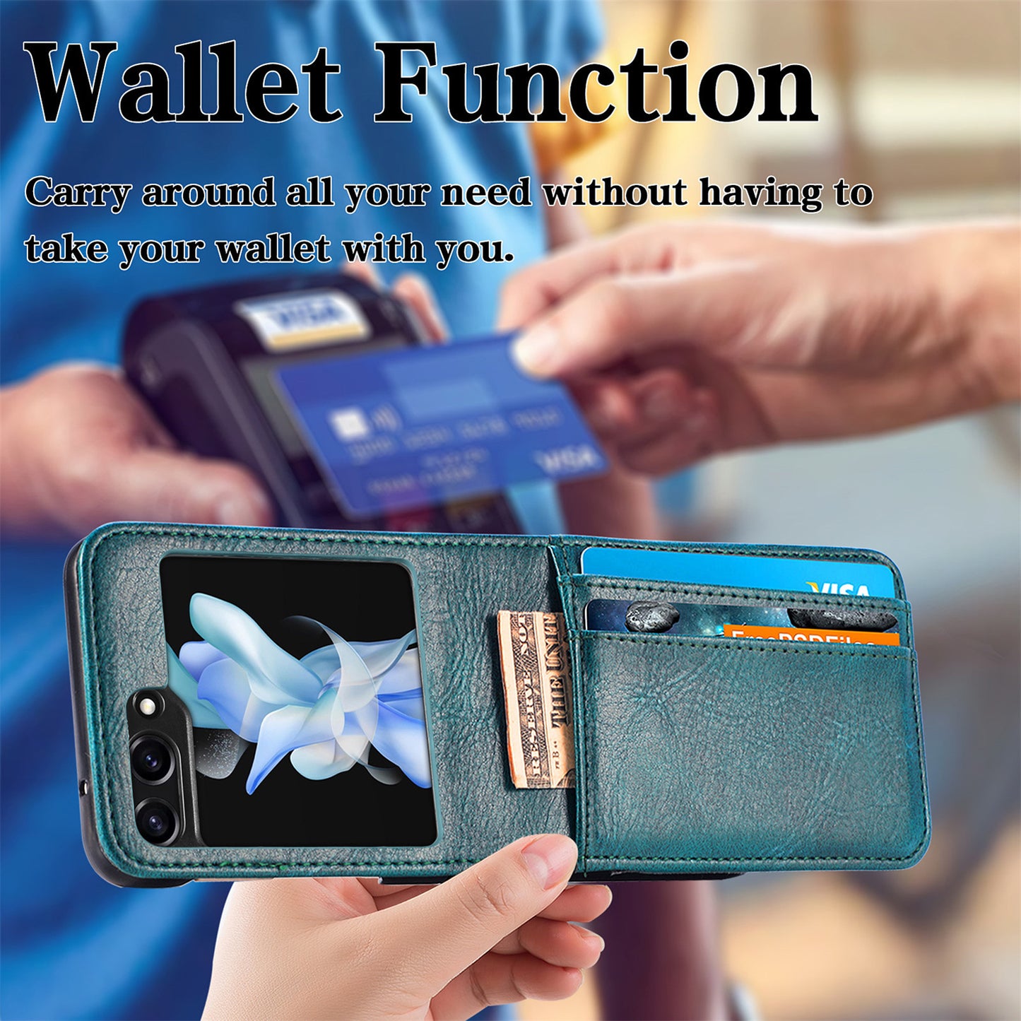 Uniqkart for Samsung Galaxy Z Flip5 5G Wallet Design Phone Case PU Leather+PC Cell Phone Cover - Black