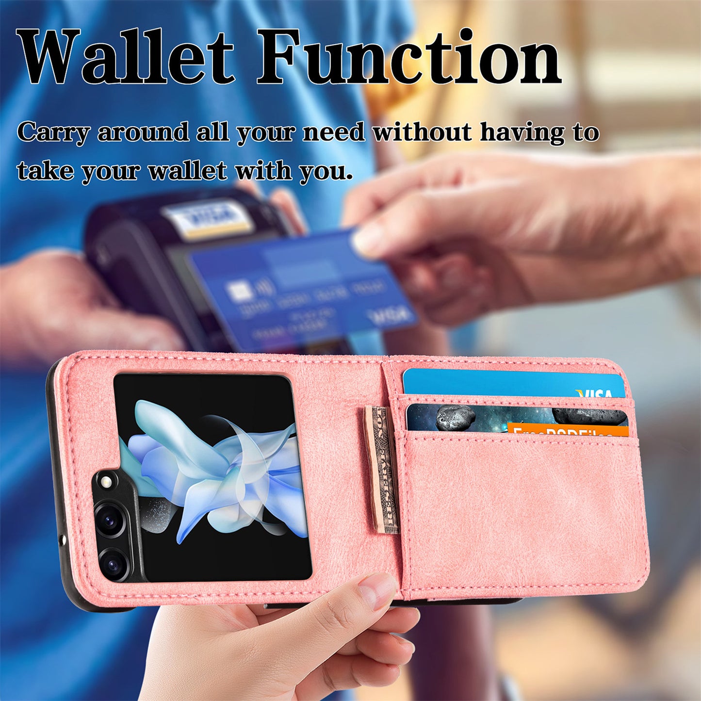 Uniqkart for Samsung Galaxy Z Flip5 5G Wallet Design Phone Case PU Leather+PC Cell Phone Cover - Rose Gold