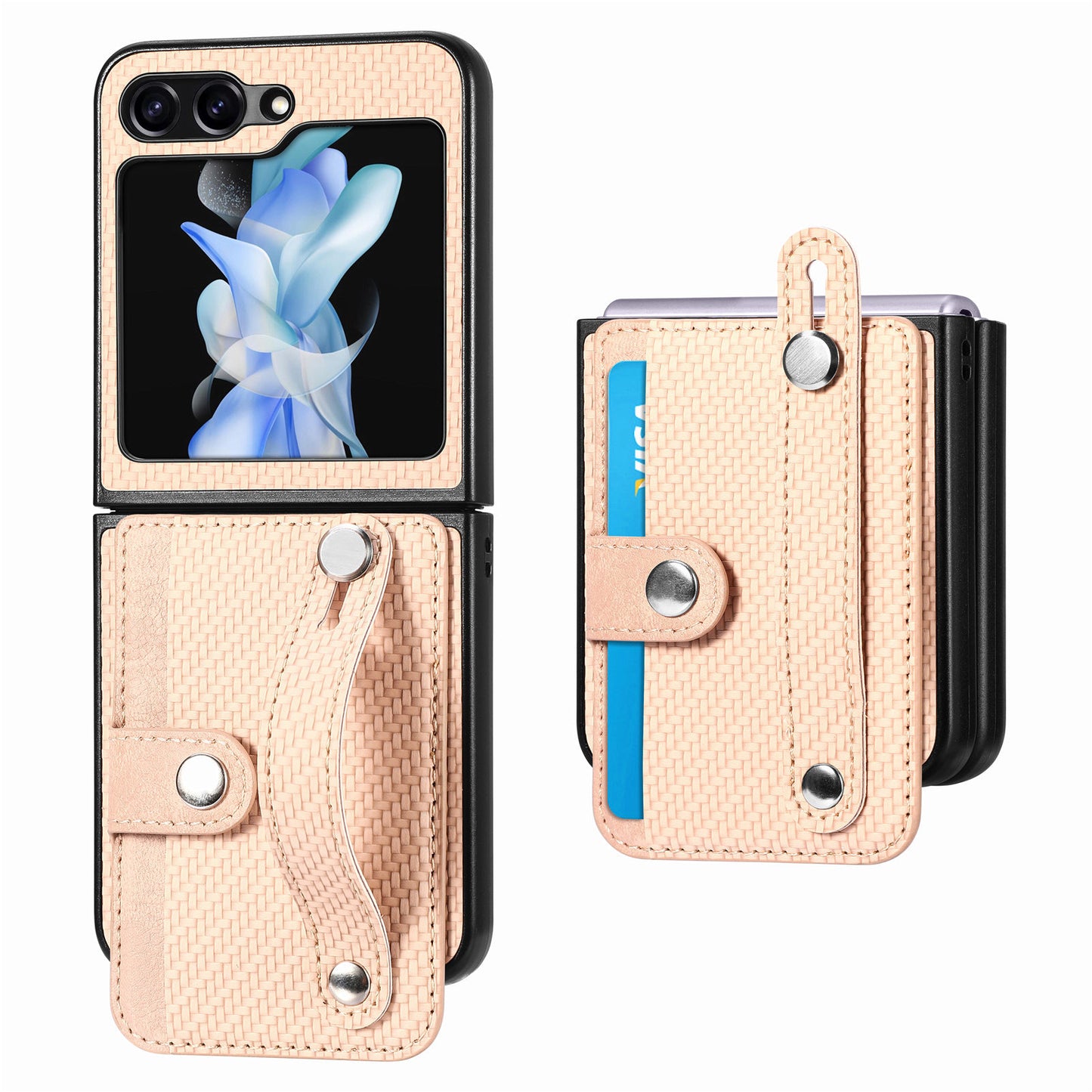 Uniqkart for Samsung Galaxy Z Flip5 5G Phone Case PU Leather+PC Wristband Kickstand Card Slot Phone Cover - Khaki
