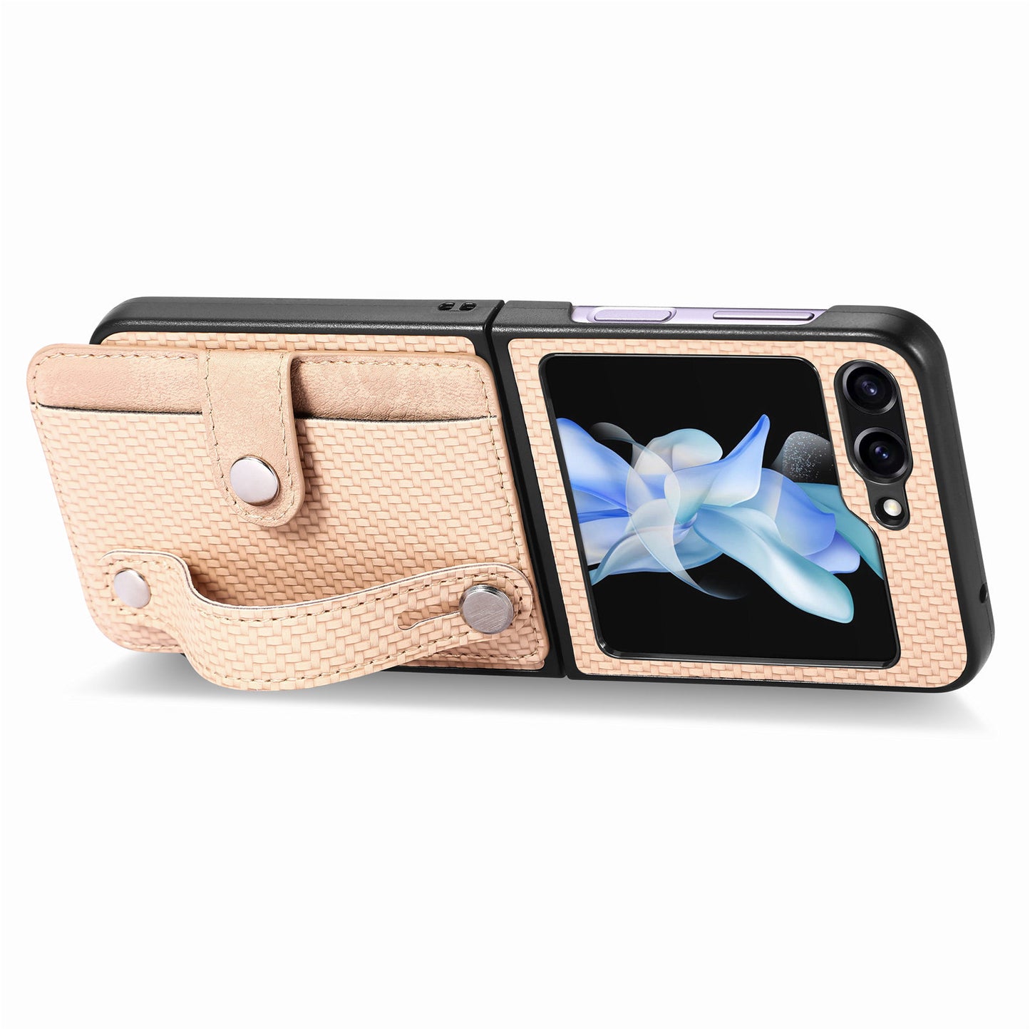Uniqkart for Samsung Galaxy Z Flip5 5G Phone Case PU Leather+PC Wristband Kickstand Card Slot Phone Cover - Khaki