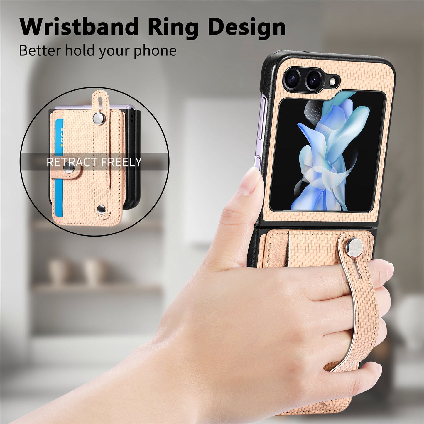 Uniqkart for Samsung Galaxy Z Flip5 5G Phone Case PU Leather+PC Wristband Kickstand Card Slot Phone Cover - Khaki