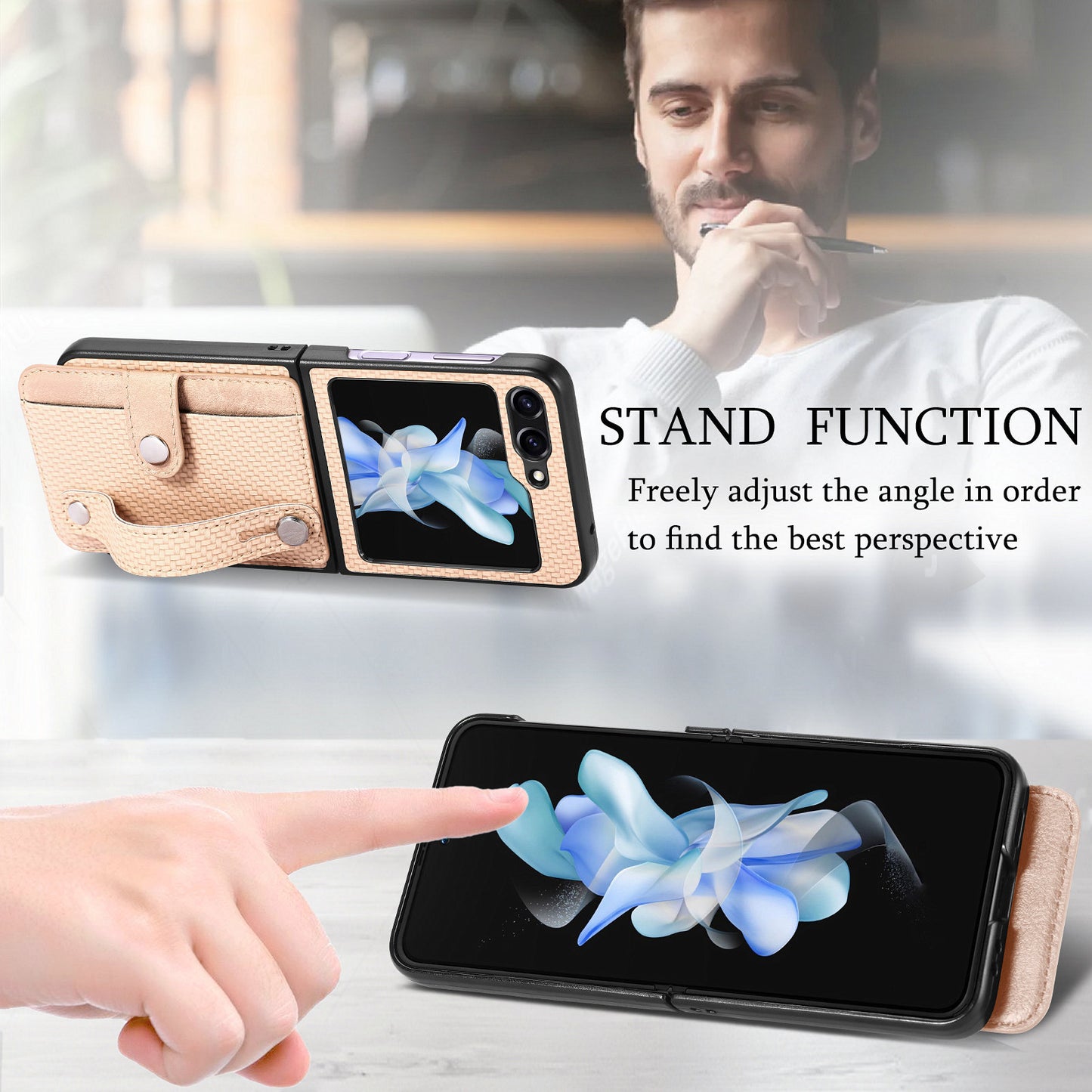 Uniqkart for Samsung Galaxy Z Flip5 5G Phone Case PU Leather+PC Wristband Kickstand Card Slot Phone Cover - Khaki