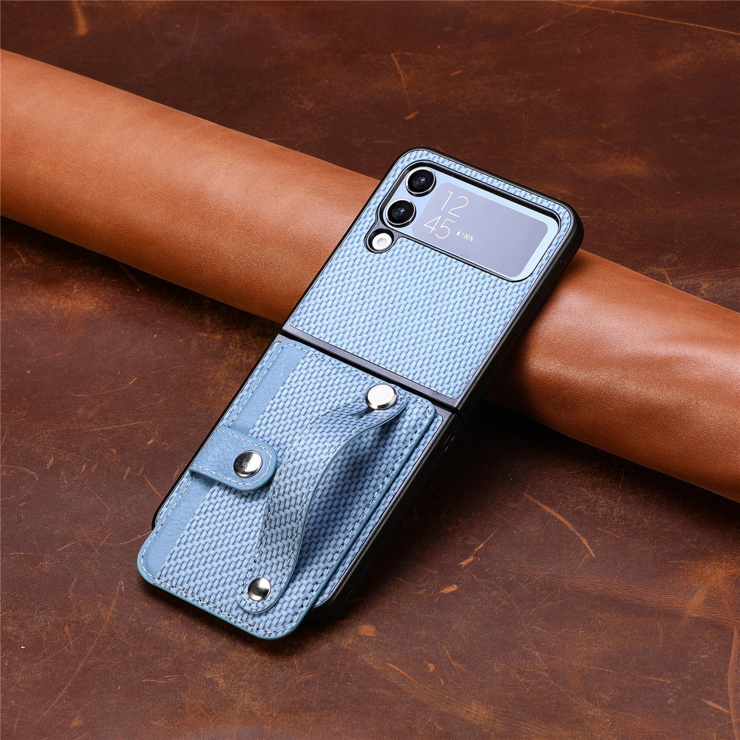 Uniqkart for Samsung Galaxy Z Flip5 5G Phone Case PU Leather+PC Wristband Kickstand Card Slot Phone Cover - Khaki