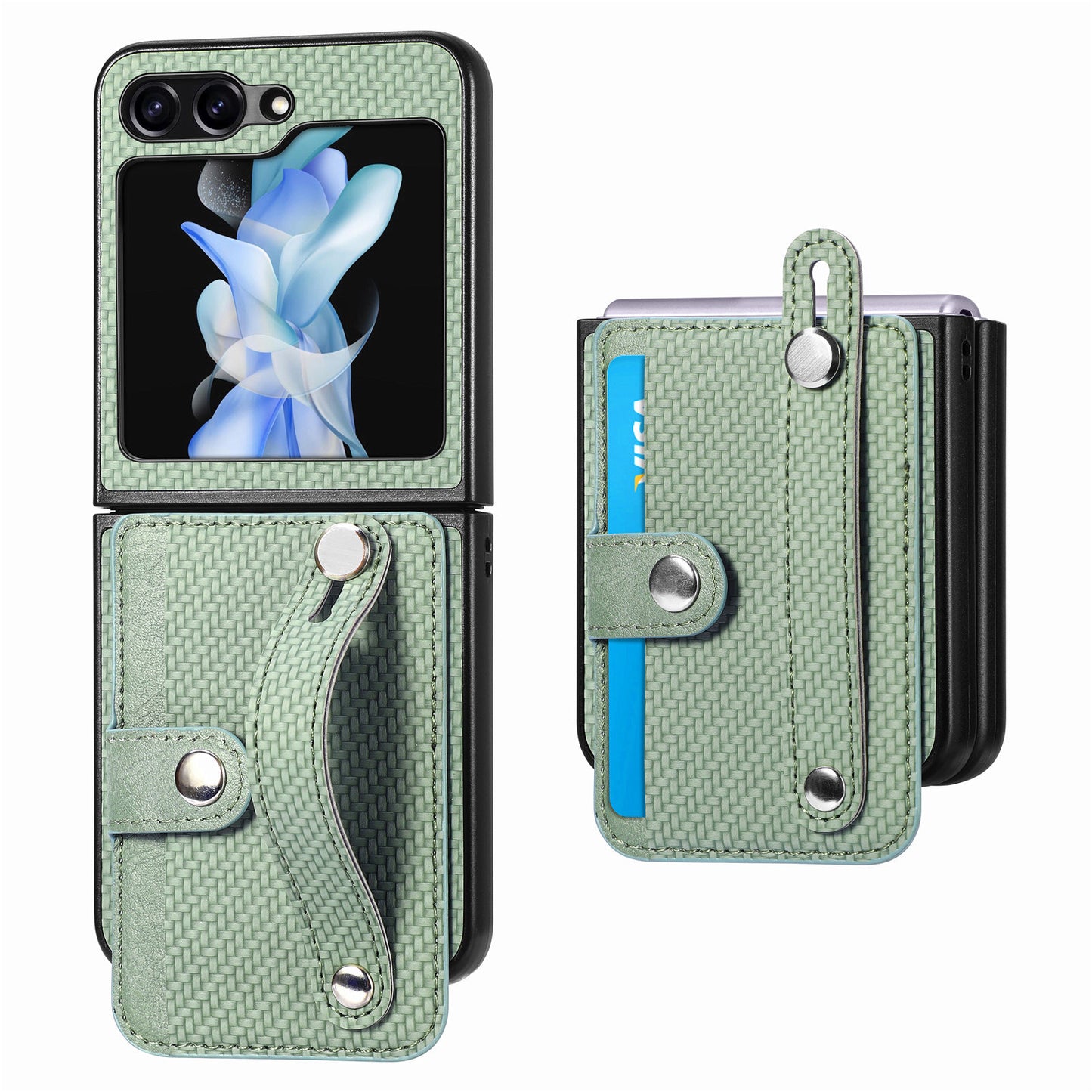 Uniqkart for Samsung Galaxy Z Flip5 5G Phone Case PU Leather+PC Wristband Kickstand Card Slot Phone Cover - Green