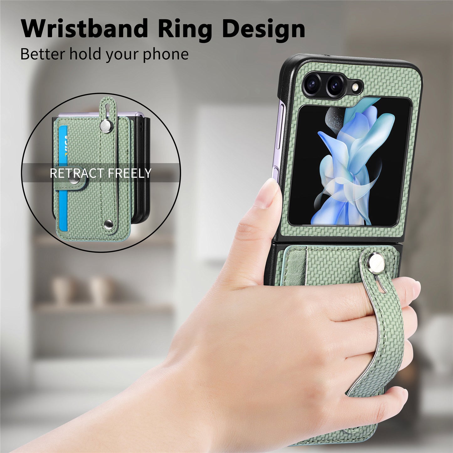 Uniqkart for Samsung Galaxy Z Flip5 5G Phone Case PU Leather+PC Wristband Kickstand Card Slot Phone Cover - Green
