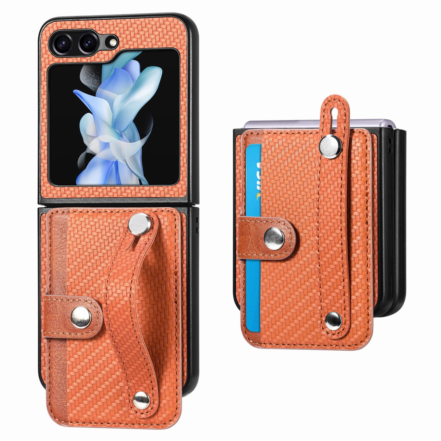 Uniqkart for Samsung Galaxy Z Flip5 5G Phone Case PU Leather+PC Wristband Kickstand Card Slot Phone Cover - Brown