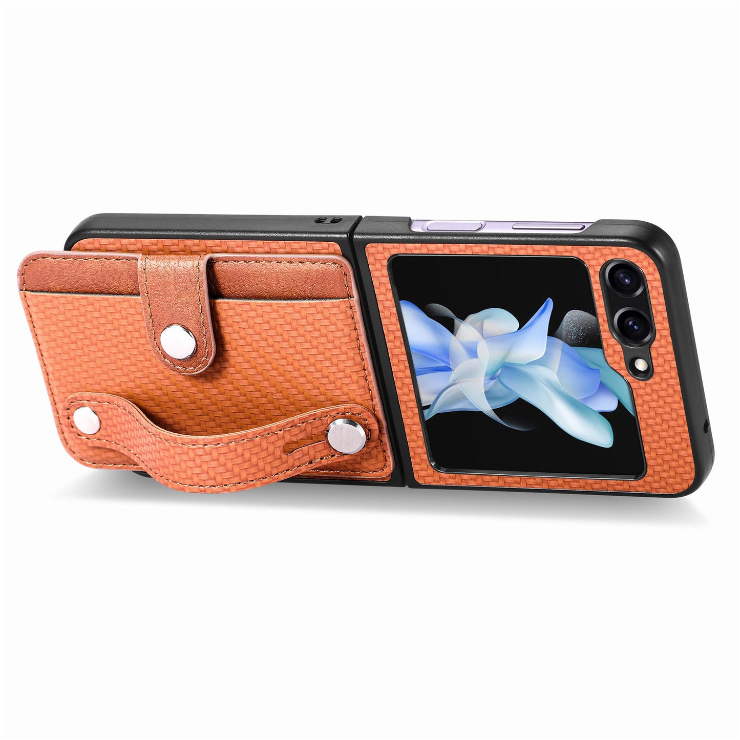 Uniqkart for Samsung Galaxy Z Flip5 5G Phone Case PU Leather+PC Wristband Kickstand Card Slot Phone Cover - Brown