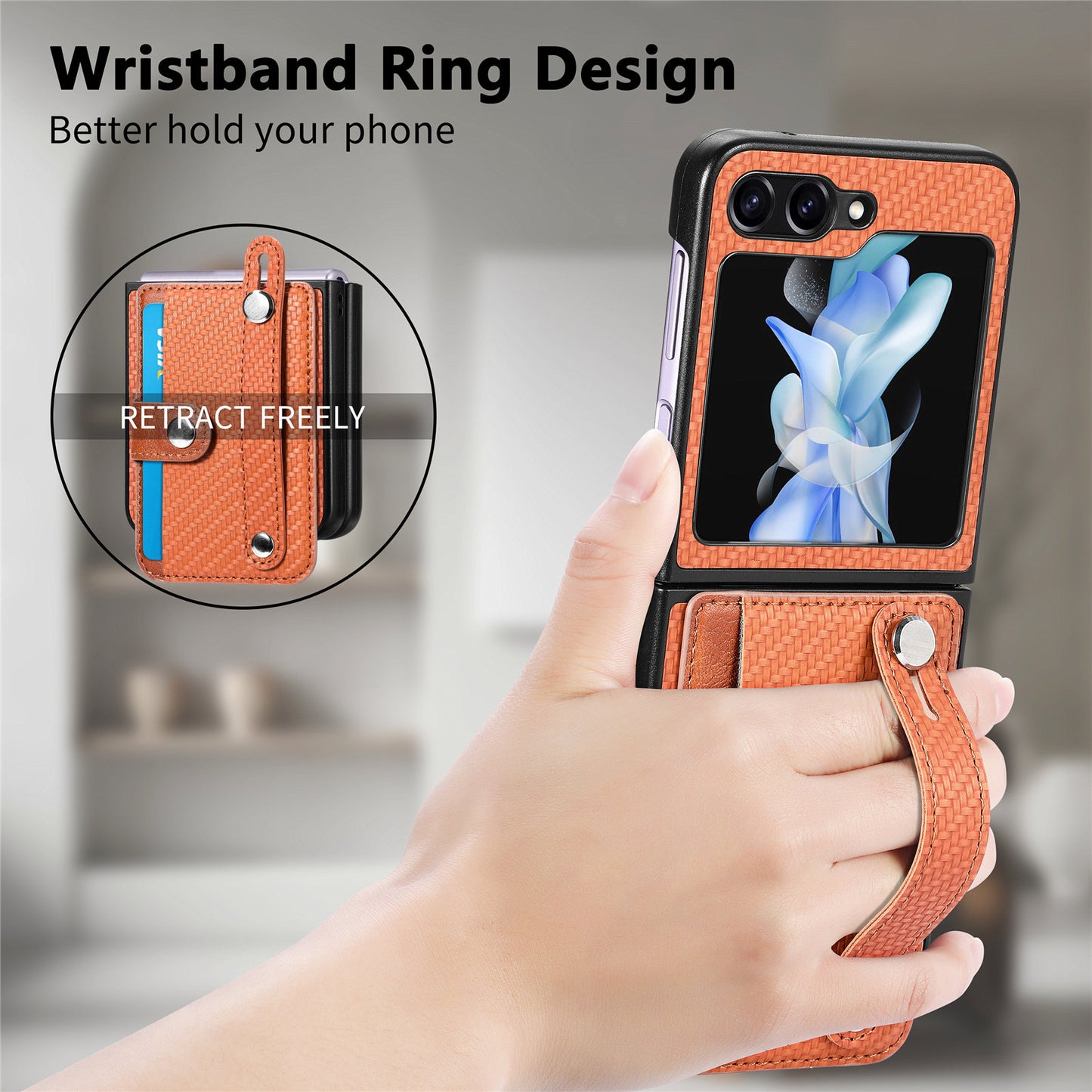 Uniqkart for Samsung Galaxy Z Flip5 5G Phone Case PU Leather+PC Wristband Kickstand Card Slot Phone Cover - Brown