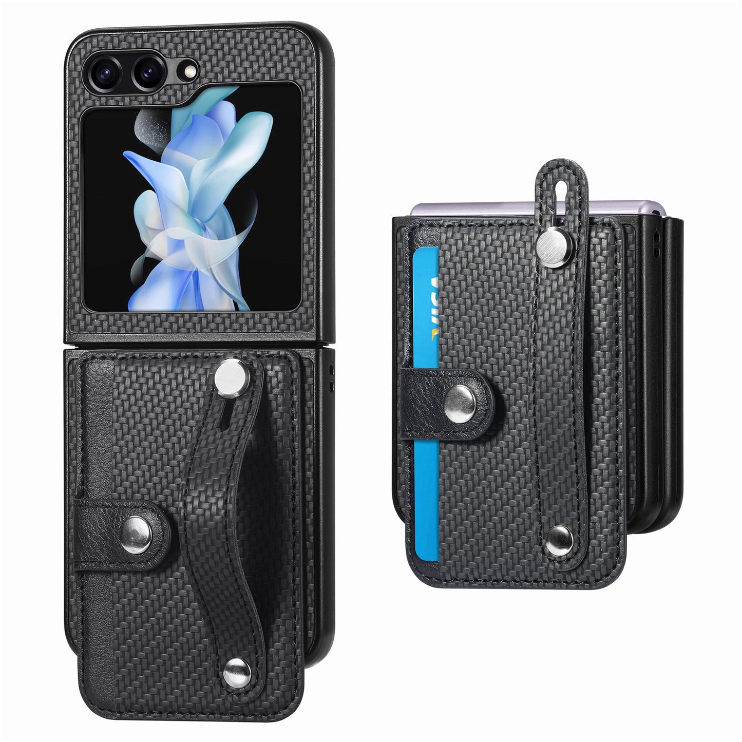 Uniqkart for Samsung Galaxy Z Flip5 5G Phone Case PU Leather+PC Wristband Kickstand Card Slot Phone Cover - Black