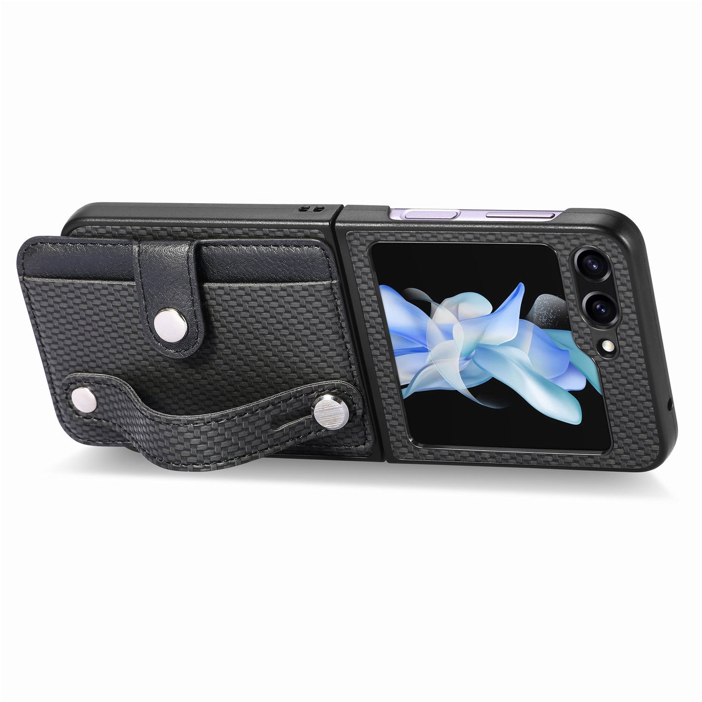 Uniqkart for Samsung Galaxy Z Flip5 5G Phone Case PU Leather+PC Wristband Kickstand Card Slot Phone Cover - Black