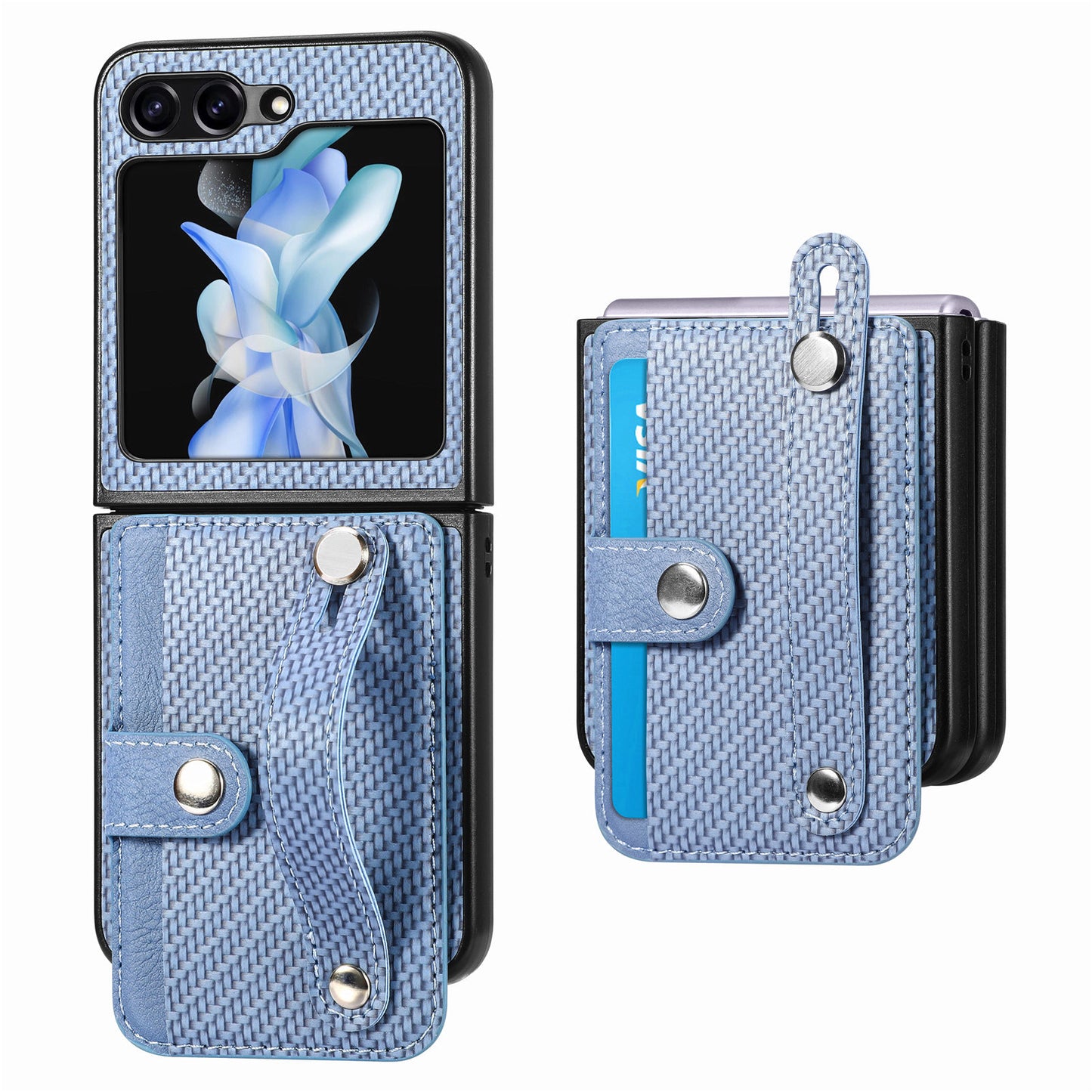 Uniqkart for Samsung Galaxy Z Flip5 5G Phone Case PU Leather+PC Wristband Kickstand Card Slot Phone Cover - Blue