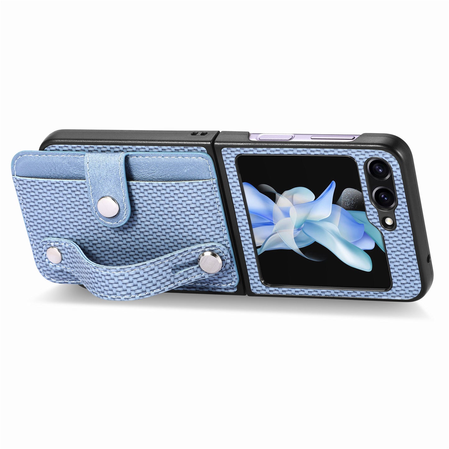 Uniqkart for Samsung Galaxy Z Flip5 5G Phone Case PU Leather+PC Wristband Kickstand Card Slot Phone Cover - Blue