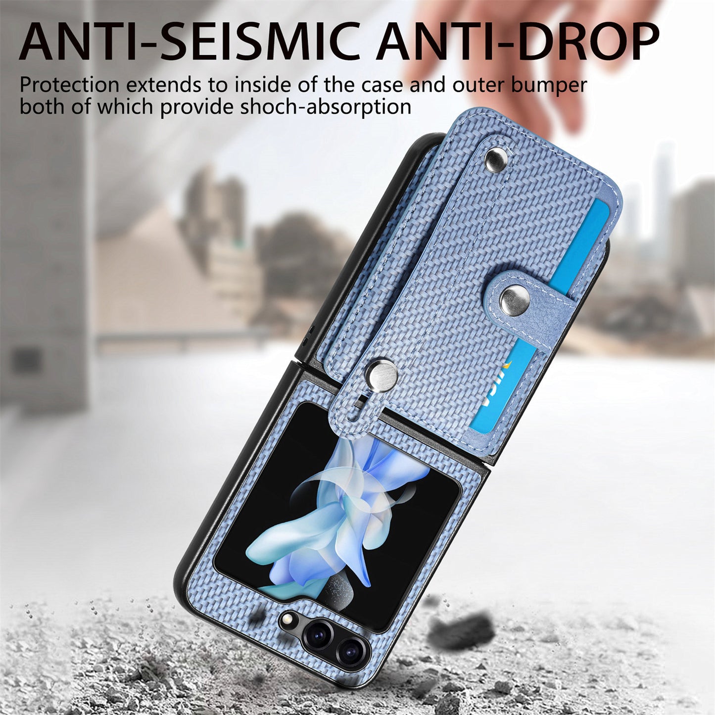 Uniqkart for Samsung Galaxy Z Flip5 5G Phone Case PU Leather+PC Wristband Kickstand Card Slot Phone Cover - Blue