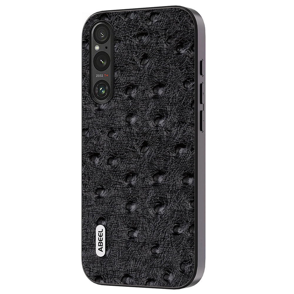 Uniqkart Shockproof Case for Sony Xperia 1 IV 5G , Ostrich Texture Genuine Cow Leather+PC+TPU Phone Back Cover - Black