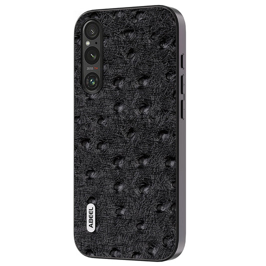Uniqkart Shockproof Case for Sony Xperia 1 IV 5G , Ostrich Texture Genuine Cow Leather+PC+TPU Phone Back Cover - Black