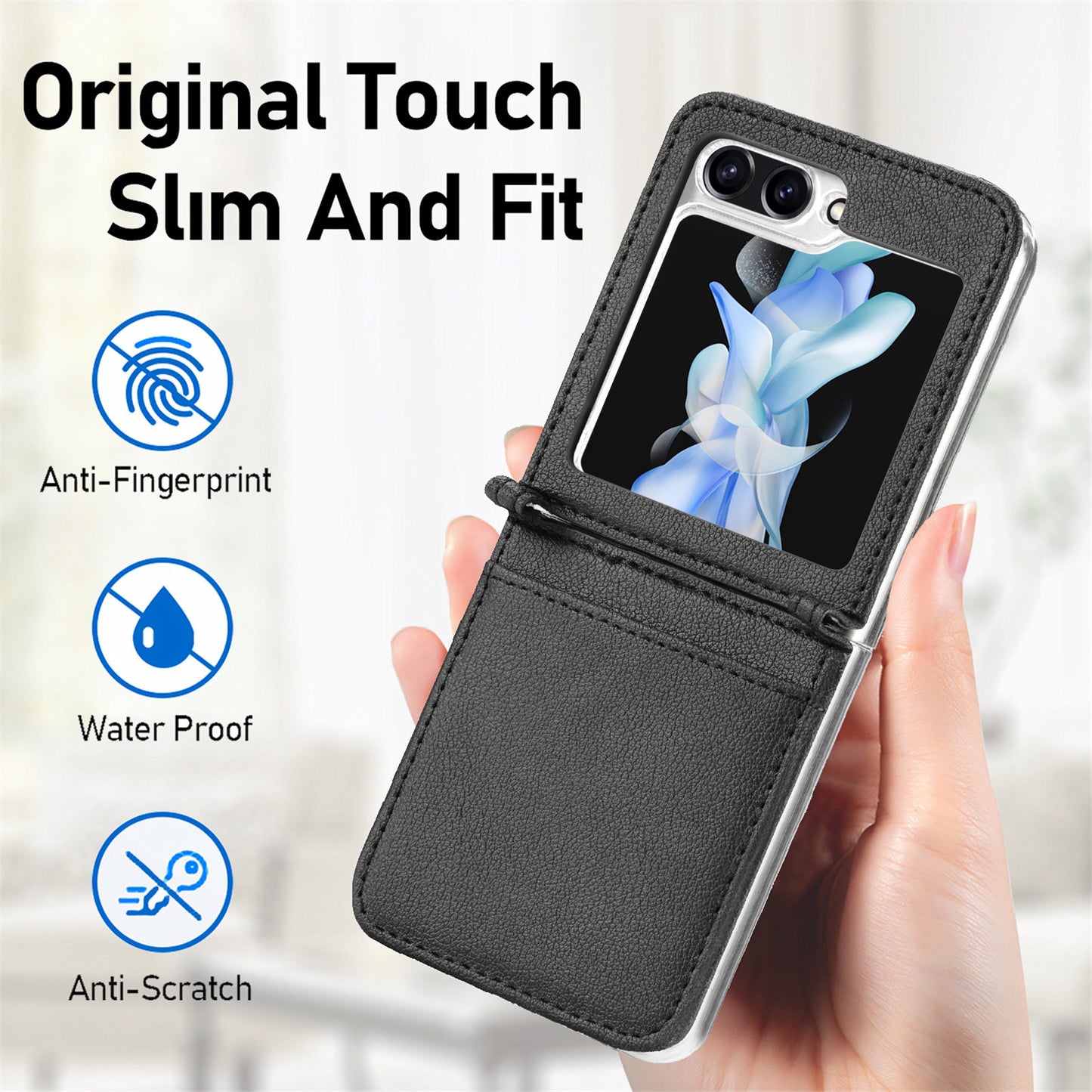 Uniqkart for Samsung Galaxy Z Flip5 5G PU Leather+PC Phone Case Ultra-Thin Litchi Texture Card Slot Kickstand Cover - Black